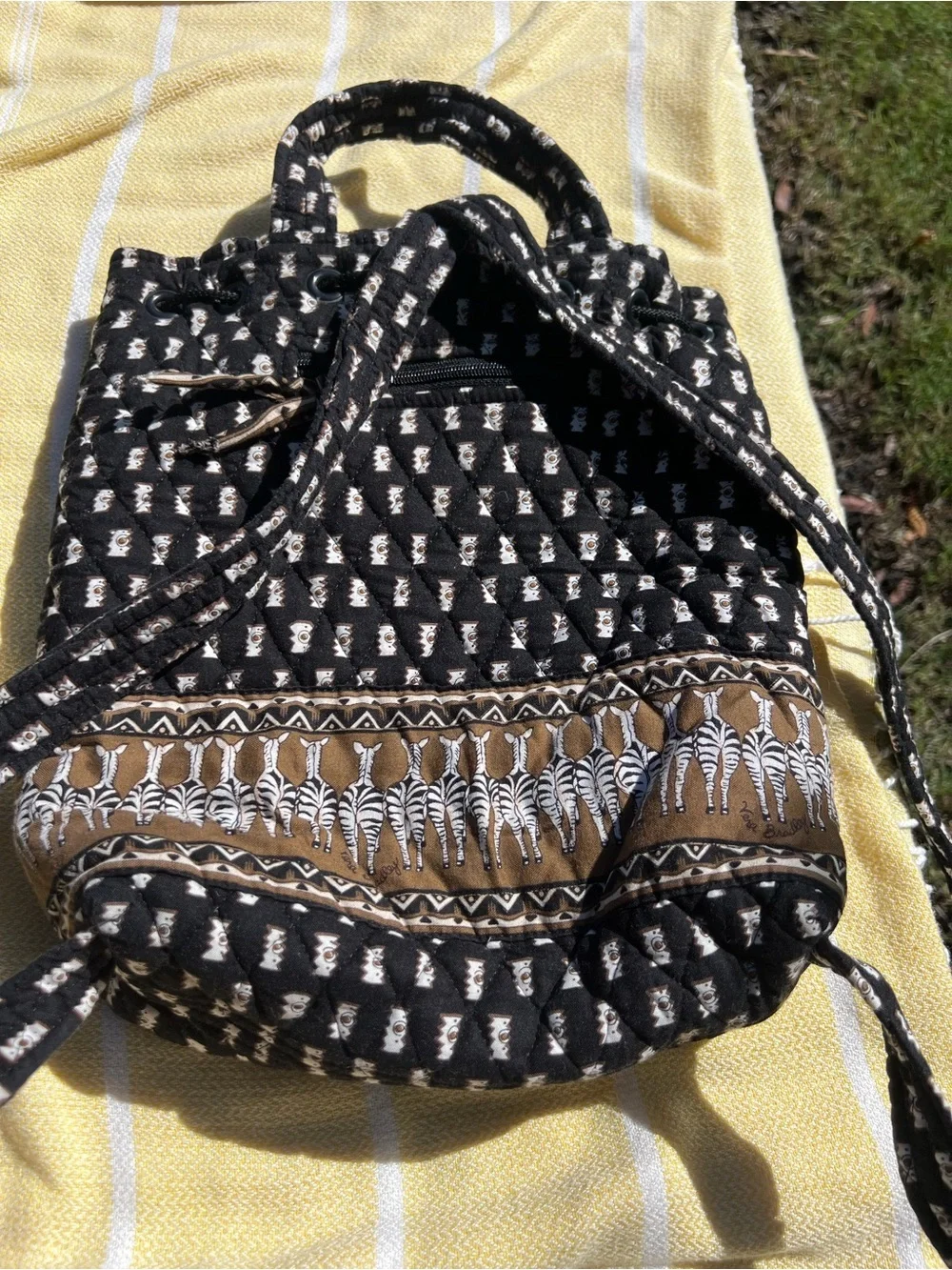 Vera Bradley Quilted Black and Tan Patterned Drawstring Backpack